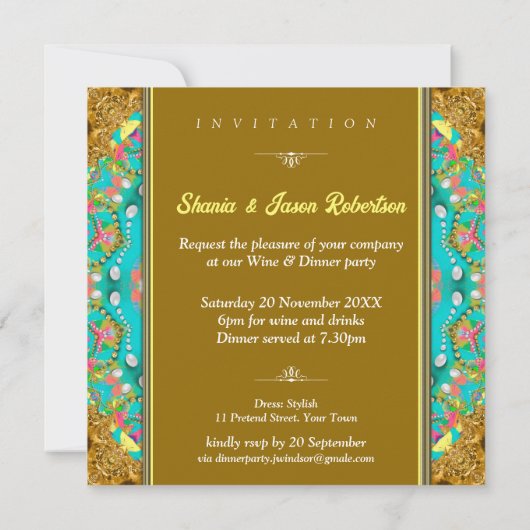 Modernes Bohemisches Aqua Gold Dinner Party Einladung (Rückseite)