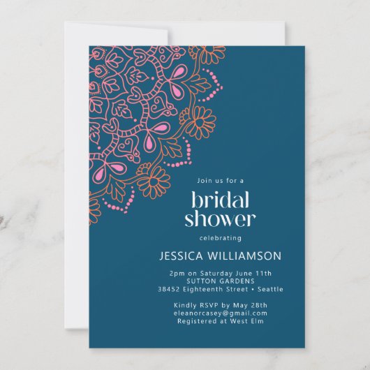 Modernes Bohemisches Blue Mandala Brautparty Einladung (Vorderseite)