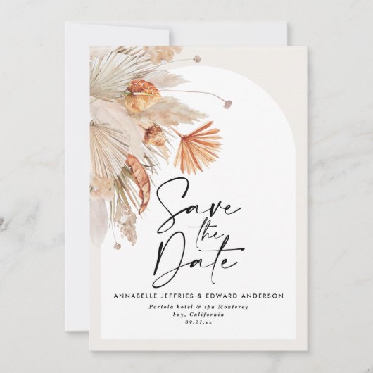 Modernes bohemisches botanisches Terracotta-Pampas Save The Date (Vorderseite)