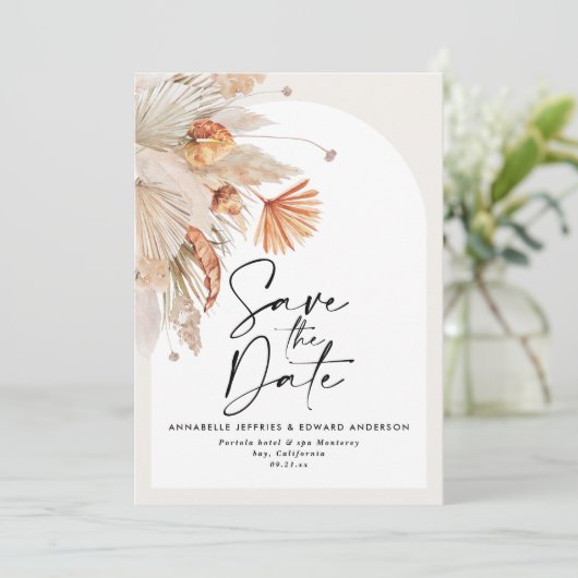 Modernes bohemisches botanisches Terracotta-Pampas Save The Date (Stehend Vorderseite)