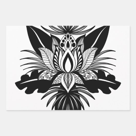 Modernes, Bohemisches Schwarz-weißes Lotus Leaf Geschenkpapier Set (Vorderseite 3)
