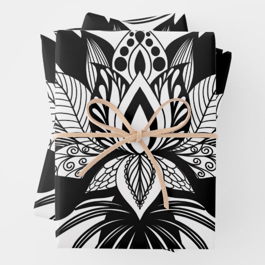 Modernes, Bohemisches Schwarz-weißes Lotus Leaf Geschenkpapier Set (Beispiel)