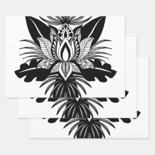 Modernes, Bohemisches Schwarz-weißes Lotus Leaf Geschenkpapier Set