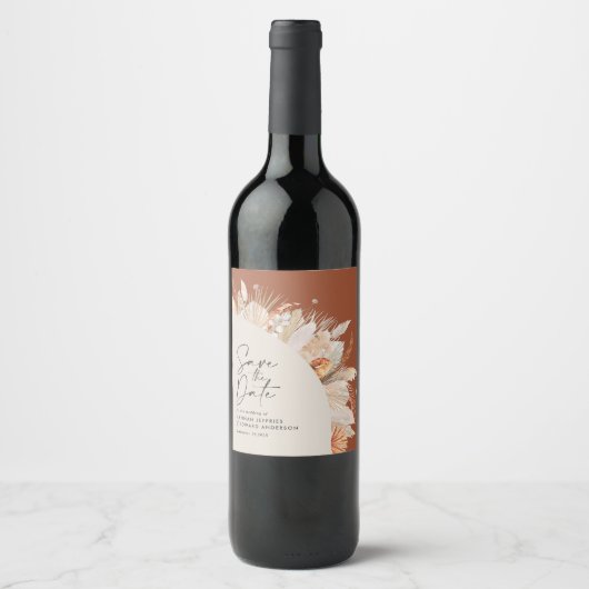 Modernes bohemisches Terracotta Pampas Gras elegan Weinetikett (Vorderseite)