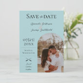 Modernes Boho Arch-Foto | Aquamarin Save the Date (Stehend Vorderseite)
