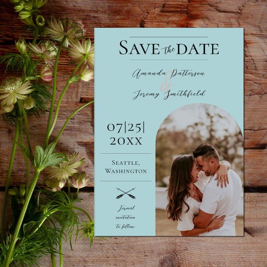 Modernes Boho Arch-Foto | Aquamarin Save the Date
