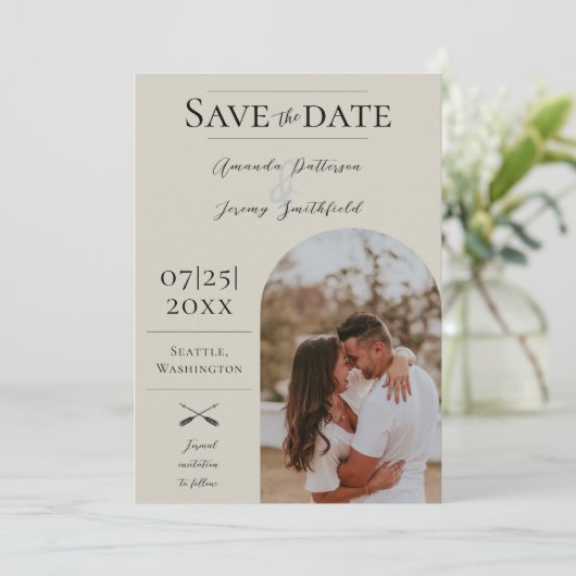 Modernes Boho Arch-Foto | Beige Save the Date (Stehend Vorderseite)