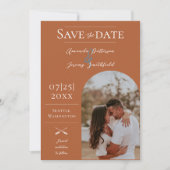 Modernes Boho Arch-Foto | Flammendes Orange Save The Date (Vorderseite)