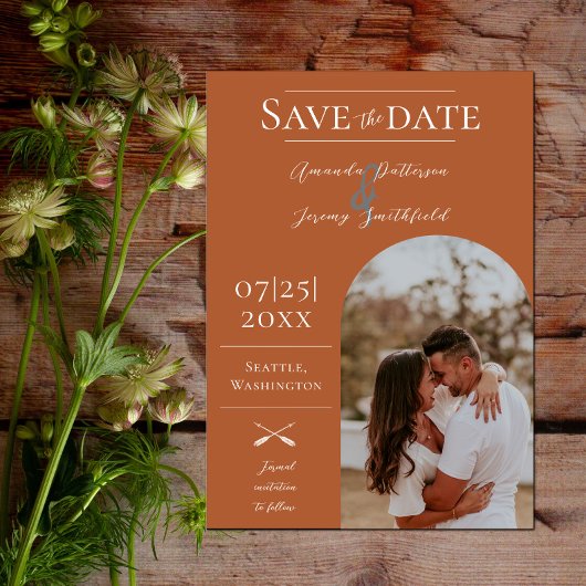 Modernes Boho Arch-Foto | Flammendes Orange Save The Date