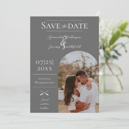 Modernes Boho Arch-Foto | Grau Save the Date (Stehend Vorderseite)