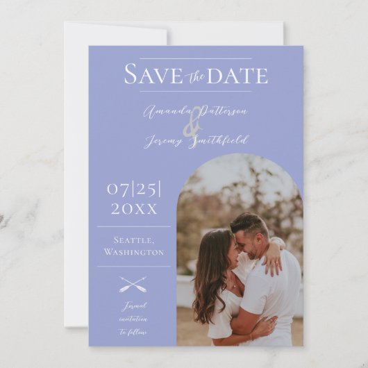 Modernes Boho Arch-Foto | Lavendelblau Save The Date (Vorderseite)