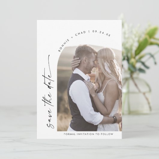 Modernes Boho Arch-Foto Save The Date (Stehend Vorderseite)