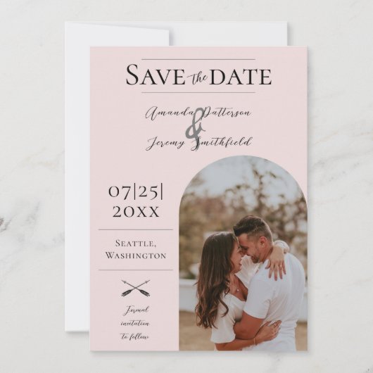 Modernes Boho Arch-Foto | Save the Date rosa (Vorderseite)