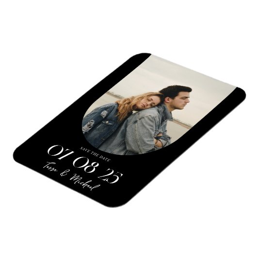 Modernes Boho Arch Foto Save the Date Schwarz-weiß Magnet (Linke Seite)