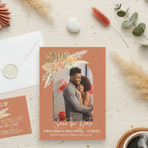 Modernes Boho Arch Foto Save the Date Terra Cotta Mitteilungskarte