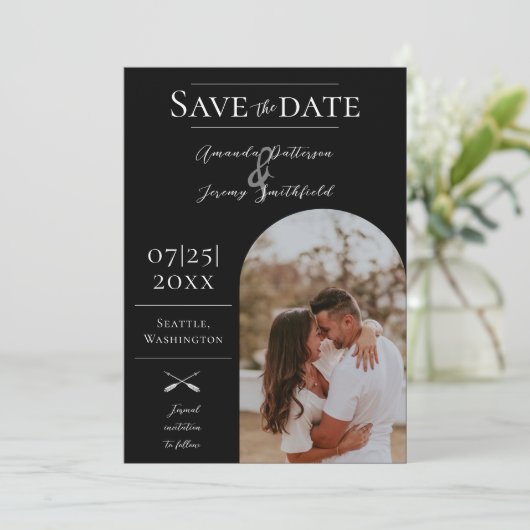 Modernes Boho Arch-Foto | Schwarz Save the Date (Stehend Vorderseite)
