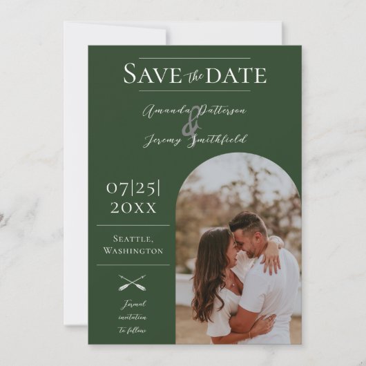 Modernes Boho Arch-Foto | Smaragdgrün Save The Date (Vorderseite)