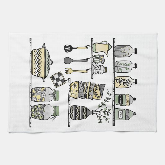 Modernes Boho Bauernhaus Küche Shelf Illustration Geschirrtuch (Horizontal)