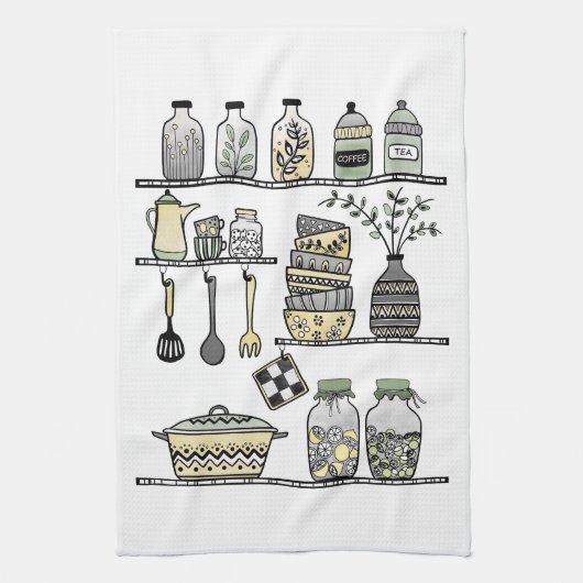 Modernes Boho Bauernhaus Küche Shelf Illustration Geschirrtuch (Vertikal)