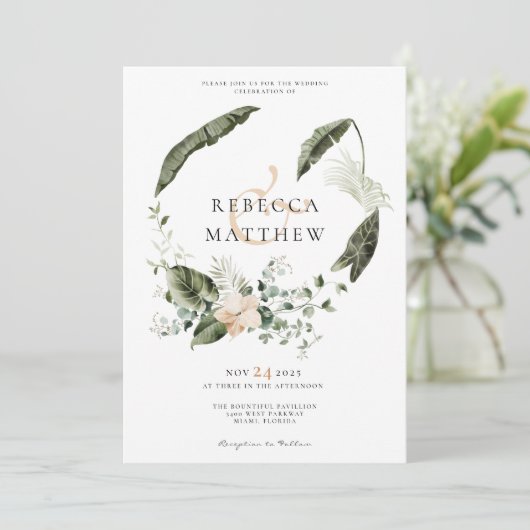 Modernes Boho Blumengrün Hochzeitsbild Einladung (Stehend Vorderseite)