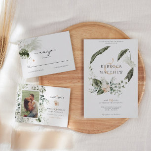 Modernes Boho Blumengrün Hochzeitsbild Einladung