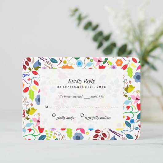 Modernes Boho Chic Floral Wedding RSVP (Stehend Vorderseite)