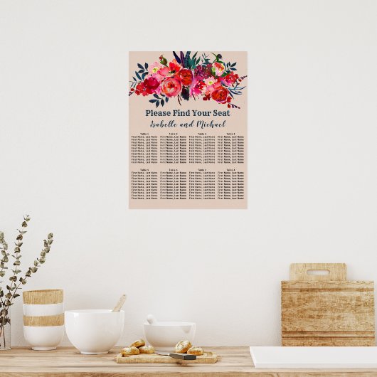 Modernes Boho Chic Red Floral 8-Tisch-Sitze Chart Poster (Küche)