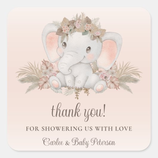 Modernes Boho Floral Elephant Baby Shockhecker Quadratischer Aufkleber (Vorderseite)