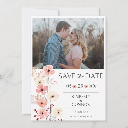 Modernes Boho Floral Foto Save the Date | weiß (Vorderseite)