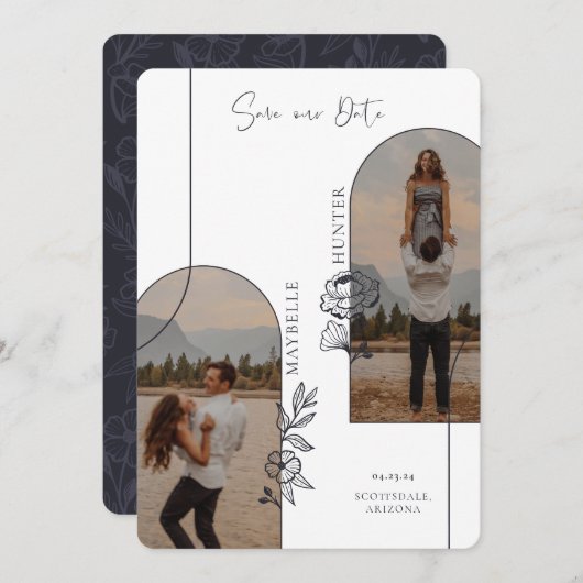 Modernes Boho Floral Rose Foto Schwarz & Weiß Save The Date (Vorne/Hinten)
