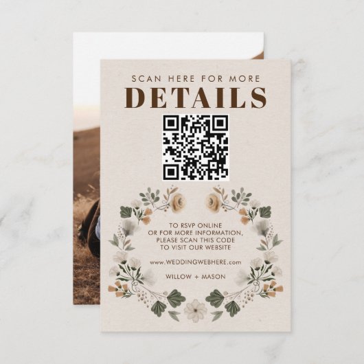 Modernes Boho Folk Wedding RSVP Details QR Code (Vorne/Hinten)