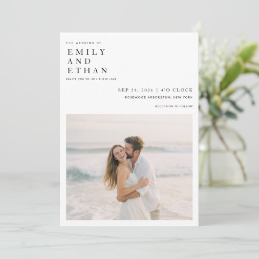 Modernes Boho Foto QR Code Hochzeit in Urlaubsort Einladung (Stehend Vorderseite)