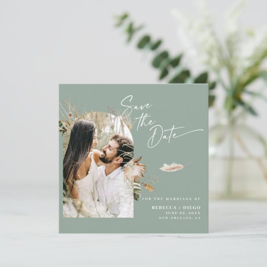 Modernes Boho Foto Save the Date Magnetkarte (Stehend Vorderseite)