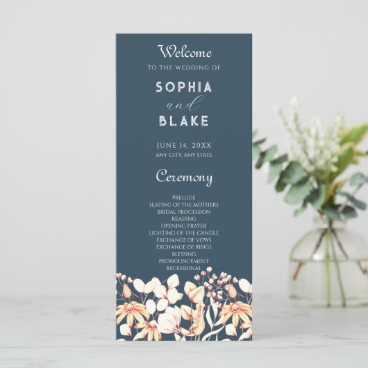 Modernes Boho Garden Blue Wedding Programm (Stehend Vorderseite)