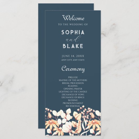 Modernes Boho Garden Blue Wedding Programm (Vorne/Hinten)