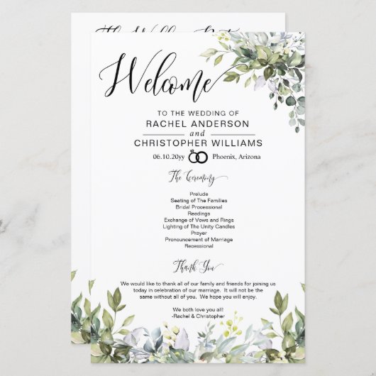 Modernes Boho Greenerity Hochzeitsprogramm (Vorne/Hinten)