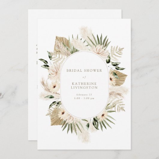 Modernes Boho Pampas-Brautparty für Weiß und Gold Einladung (Vorne/Hinten)