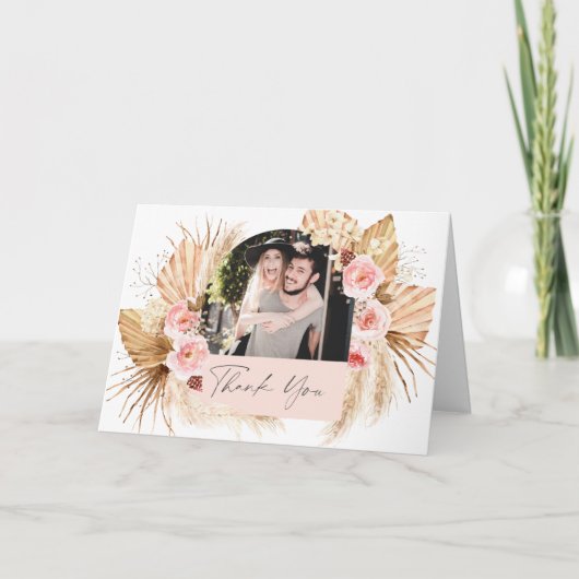 Modernes Boho Pampas Grass Floral Foto Hochzeit Dankeskarte (Vorderseite)
