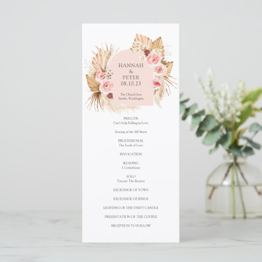 Modernes Boho Pampas Grass Floral Wedding Programm (Stehend Vorderseite)