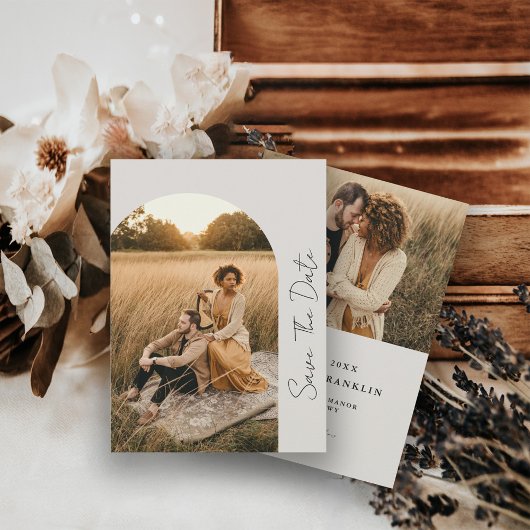 Modernes Boho-Rahmen-Hochzeitneutrales Foto Save The Date