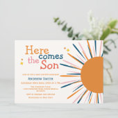 Modernes Boho Retro kommt hier zur Son Baby Dusche Einladung (Stehend Vorderseite)