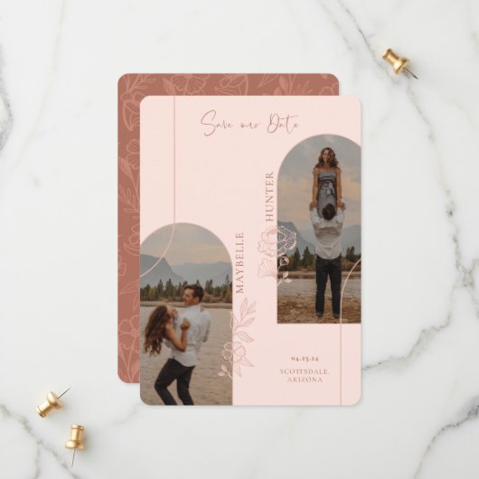 Modernes Boho Rose Foto Arte Rosa & Braun Save The Date (Vorderseite/Rückseite Beispiel)