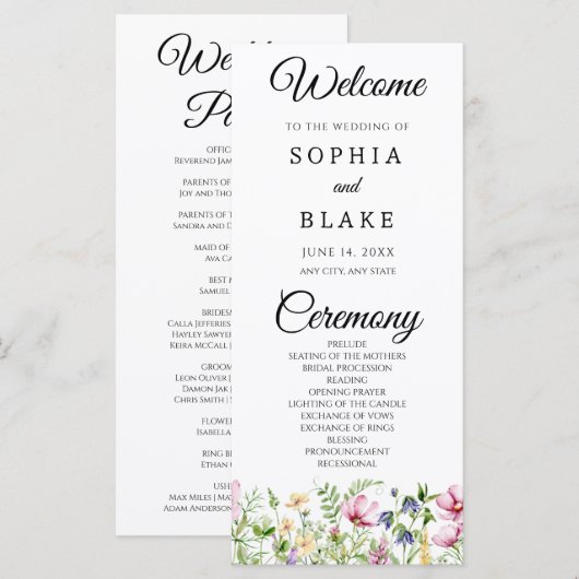 Modernes Boho Wildblume Garden Hochzeitsprogramm (Vorne/Hinten)
