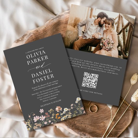 Modernes Boho Wildblume QR Code Foto Hochzeit Einladung