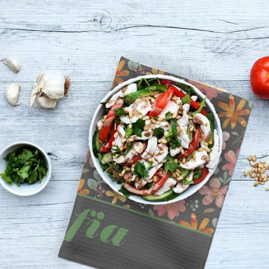 Modernes bohoner Wildblume rosa gelbes Muster grau Geschirrtuch