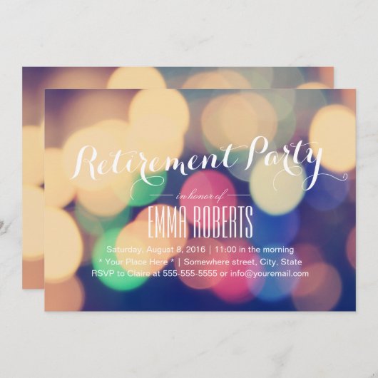 Modernes Bokeh Lights Retirement Party Einladung (Vorne/Hinten)