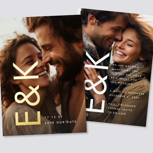 Modernes BOLD Gold 2 Foto Monogramm Save the Date Folieneinladung