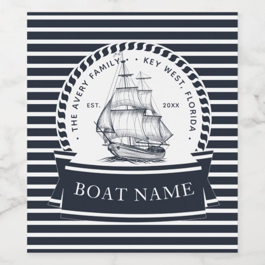 Modernes Boot Nautic Blue Weinetikett (Einzelnes Label)