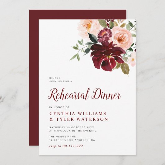 Modernes Bordeaux- und Blütendinner Probe Einladung (Vorne/Hinten)