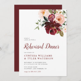 Modernes Bordeaux- und Blütendinner Probe Einladung